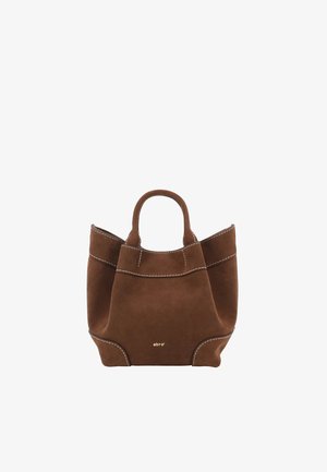Brown suede tote bag with dual handles, white stitching accents, and small gold "abro" logo on front center.