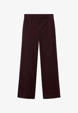 Pantaloni marrone scuro a gamba larga con pieghe frontali, passanti per cintura e vita, mostrati distesi su uno sfondo bianco.