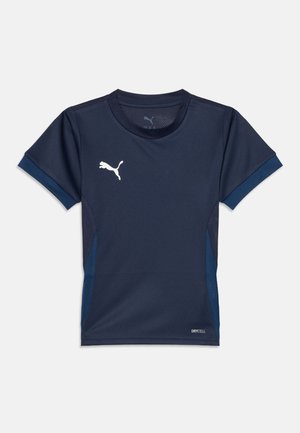 Marineblauw Puma sportshirt met korte mouwen, mesh zijpanelen en wit Puma-logo op de borst.