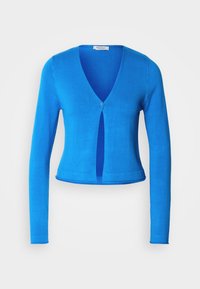 Cardigan court bleu à manches longues avec un col en V profond et une fermeture par un seul bouton sur le devant, en tissu lisse.
