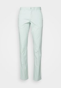 Světle mentolově zelené bavlněné kalhoty s rovným střihem nohavic, standardním pasem a zapínáním na přední knoflík. Mají hladkou texturu.