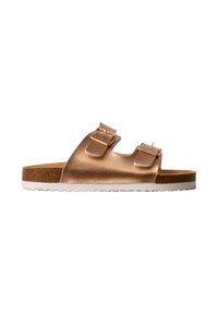 Sandale slide bronze à bout ouvert avec deux brides à boucles réglables, semelle intérieure en liège et semelle extérieure blanche texturée.
