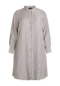 Sukienka w paski w granatowo-białym kolorze, z zapięciem na guziki z przodu, kołnierzykiem oraz długimi rękawami z podwiniętymi mankietami. Wykonana z bawełny.