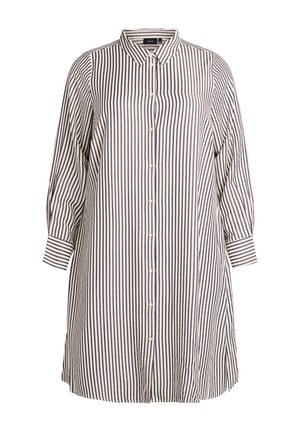 Svītrainā krekla kleita tumši zila un balta, ar pogu aizdari priekšpusē, apkakli un garām piedurknēm ar sarullētām aprocēm. Izgatavota no kokvilnas materiāla.