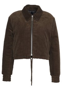 Giacca di corduroy marrone, tagliata, con chiusura a zip, colletto, polsini elasticizzati e fondo con coulisse per una vestibilità regolabile.