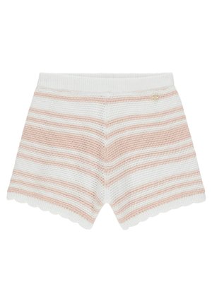 Shorts en tricot avec ourlets festonnés, présentant des rayures horizontales blanches et rose clair ainsi qu'un petit emblème rond doré près de la ceinture.