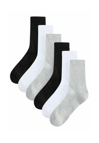 Sechserpack gerippte Baumwollsocken in Schwarz, Weiß und Grau. Jede Socke hat ein mittellanges Design und eine glatte Textur.