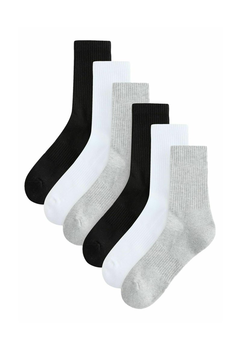 Sechserpack gerippte Baumwollsocken in Schwarz, Weiß und Grau. Jede Socke hat ein mittellanges Design und eine glatte Textur.