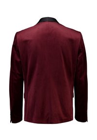 Blazer borgogna con un tessuto liscio e strutturato, dotato di un colletto in satin nero e polsini con bottoni. Taglio dritto con cuciture pulite.
