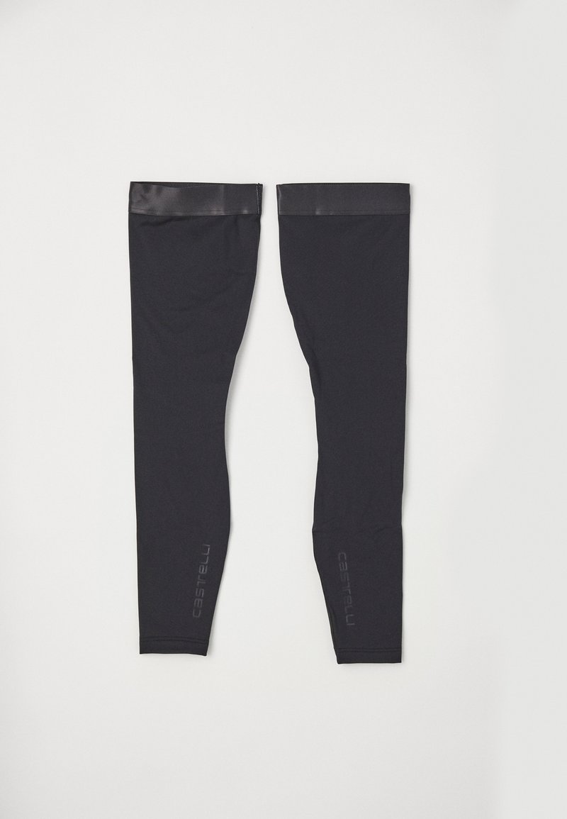 Svarta benvärmare i stretchigt material, med ett glansigt elastiskt band upptill och "Castelli" subtilt tryckt på sidan.