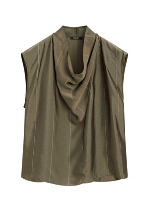 Ärmellose olivgrüne Bluse mit einem drapierten Cowl-Ausschnitt und subtilen vertikalen Streifen, aus glattem Stoff gefertigt.