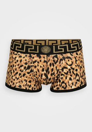 Leopardenmuster Herren Boxer Shorts mit einem schwarzen Bund, der ein goldfarbenes griechisches Schlüsselmotiv aufweist, sowie einem zentralen goldenen Logodetail.