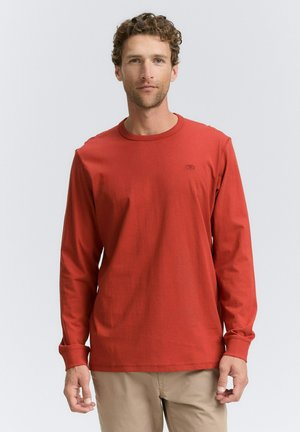 Rood T-shirt met lange mouwen van katoen, met een ronde halslijn en omslagmouwen, voorzien van een klein logo op de borst.