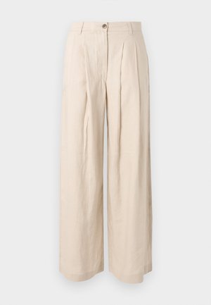 Béžové široké nohavice s vysokým pásom, prednými záhybmi, pútkami na opasok a zapínaním na gombík.