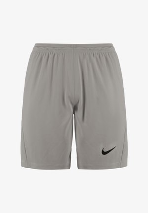 Short de sport gris clair avec taille élastique et logo Nike Swoosh noir sur la partie inférieure de la jambe gauche.