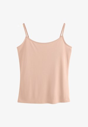 Camisole rose clair avec des fines bretelles réglables, texture lisse, décolleté arrondi et ourlet droit. Fabriqué à partir d'un matériau extensible.