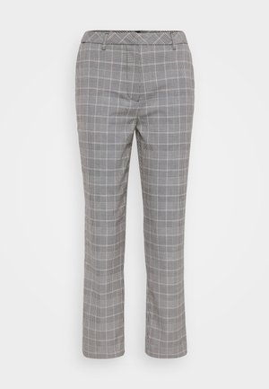 Pelēki svārki ar pielāgotu piegriezumu. Izceļas ar smalku pārbaudes rakstu, jostas cilpām un taisnu kāju dizainu. Gluda auduma struktūra.