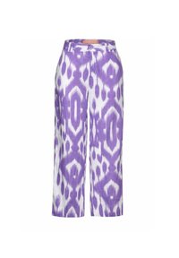 Paarse en witte gestreepte wijde broek met een ikat ontwerp, een knoopsluiting en een natuurlijke textuur van de stof.