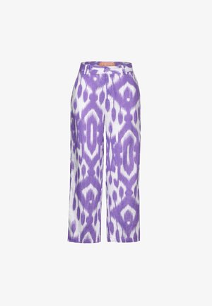 Lilla og hvide mønstrede bukser med bred ben, der har et ikat-design, en knaplukning og en naturlig stofstruktur.