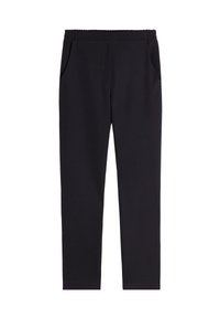 Pantaloni neri a vita alta realizzati in tessuto morbido, con cintura elastica, tasche laterali e design a gamba affusolata.