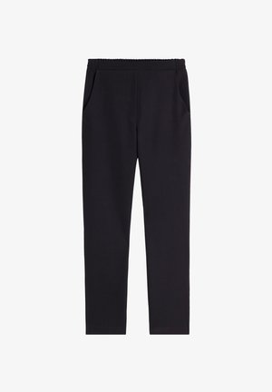 Pantalones de tiro alto negros, confeccionados en una tela suave, con cintura elástica, bolsillos laterales y un diseño de pierna ajustada.