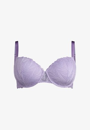 Lilac lace bra with padded cups, scalloped edges, and adjustable satin straps. Features a floral pattern and subtle textured detailing.