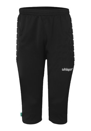 Zwarte gewatteerde doelman shorts met elastische tailleband en "uhlsport" logo op de rechterdij, ontworpen voor sportbescherming en comfort.