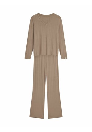 Beżowy dres z żebrowanej tkaniny, składający się z długiego rękawa topu z dekoltem w kształcie litery V i luźnym kroju, zestawiony z szerokimi spodniami. Przedni widok.