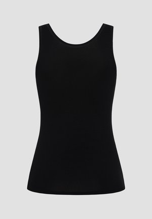 Schwarzes Tanktop aus einem glatten, dehnbaren Stoff mit rundem Halsausschnitt und ärmellosem Design. Keine sichtbaren Muster oder Verzierungen.