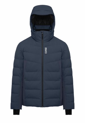 Granatowa kurtka puchowa z kapturem, z zamkiem z przodu, pikowanym wykończeniem oraz czarnymi akcentami na mankietach i bocznych panelach. Wyświetlone logo marki.