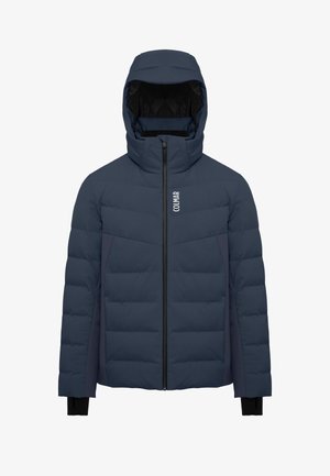 Granatowa kurtka puchowa z kapturem, z zamkiem z przodu, pikowanym wykończeniem oraz czarnymi akcentami na mankietach i bocznych panelach. Wyświetlone logo marki.