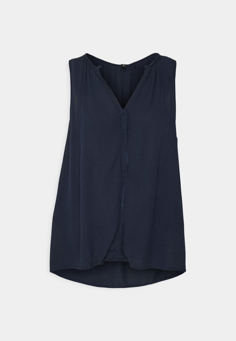 Blouse bleu marine sans manches avec col en V et détails plissés à l'avant, ourlet légèrement arrondi.
