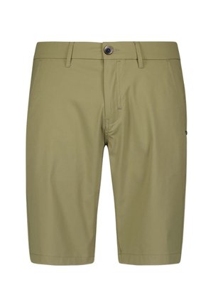 Licht olijfgroene shorts van gladde stof, met een knoopsluiting en zijzakken, met een rechte pasvorm en een knielange snit.