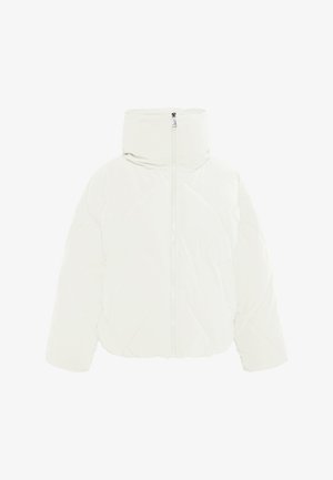 Puffatakki vaaleanvalkoisena, jossa on korkea kaulus, etu vetoketju ja timantin muotoinen tikkauskuvio. Valmistettu sileästä, kiiltävästä materiaalista.