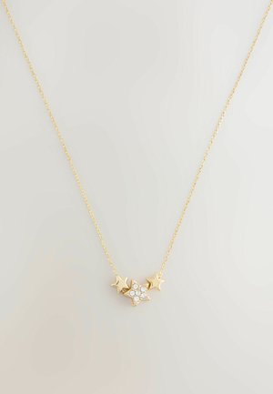 Goldkette mit einem zentralen Sternanhänger, der fünf klare Edelsteine und zwei sternförmige Akzente auf beiden Seiten enthält. Gestaltung der Kette im Kabeldesign.