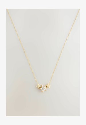 Goldkette mit einem zentralen Sternanhänger, der fünf klare Edelsteine und zwei sternförmige Akzente auf beiden Seiten enthält. Gestaltung der Kette im Kabeldesign.