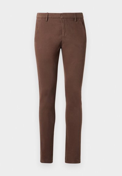 Brown, slim-fit trousers made from soft cotton fabric, featuring front pockets and a smooth texture with a clean waistband design.