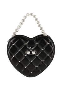 Sac à main noir matelassé en forme de cœur avec des accents en perles, une poignée de perles et un fermoir en forme de chouette avec des détails d'yeux blancs.