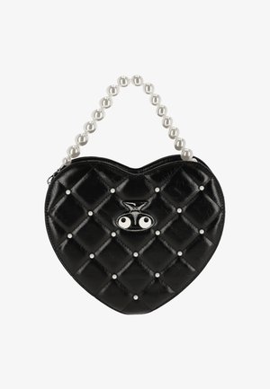 Fekete, steppelt, szív alakú kézitáska gyöngy díszítéssel, gyöngyös fogantyúval és bagoly alakú kapoccsal, fehér szem részletekkel.