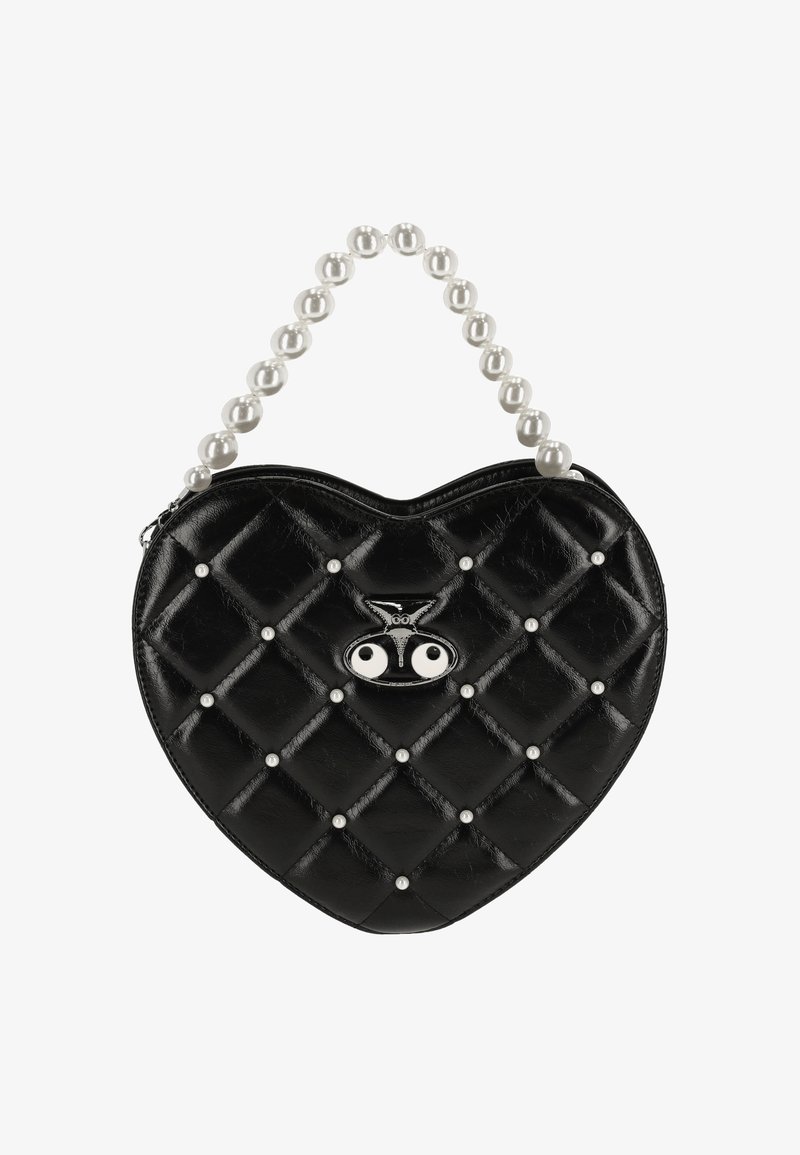 Sac à main noir matelassé en forme de cœur avec des accents en perles, une poignée de perles et un fermoir en forme de chouette avec des détails d'yeux blancs.