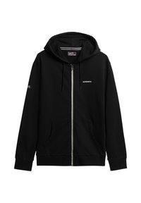 Felpa nera con zip realizzata in misto cotone, con cappuccio regolabile, tasche frontali e logo ricamato sul petto e sulla manica.
