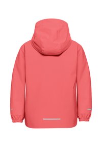 Helle Korallejacke mit Kapuze, ausgestattet mit elastischen Bündchen und reflektierenden Akzenten am Saum. Glattes, wasserdichtes Material, einfaches Design.