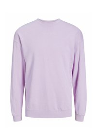 Sudadera de algodón lavanda con mangas largas, cuello redondo y texto bordado "FUTURE EDTN" en la parte delantera. Textura suave, ajuste relajado.