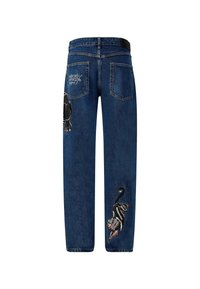 Jeans in denim blu con ricami di gatti neri su entrambe le gambe, caratterizzati da un taglio dritto classico e tasche posteriori.