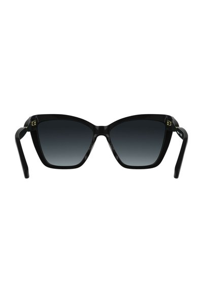 Schwarze Cat-Eye-Sonnenbrille mit dicken Rahmen und dunklen Verlaufsgläsern, von vorne vor weißem Hintergrund gezeigt.