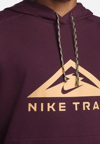 Sweat à capuche en polaire bordeaux avec tissu texturé, logo Nike doré contrastant et cordons à motifs. Comprend une poche kangourou.