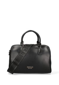 Sac à main en cuir noir avec double poignée et bandoulière détachable, arborant un accent de logo et une texture lisse. Forme rectangulaire avec fermeture éclair.
