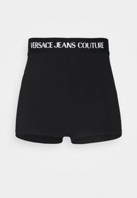 Black cotton shorts with a fitted design. Features a wide waistband with “Versace Jeans Couture” logo in white. Smooth texture, minimal seams.