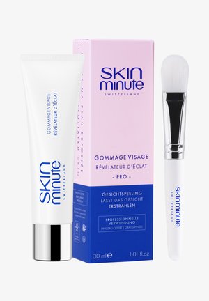Skin Minute Gommage Visage esfoliante viso in tubo, confezione rosa e blu, e pennello bianco con manico trasparente, set professionale per la cura della pelle da 30 ml.