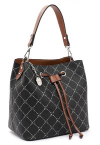 Borsa a secchiello nera con finitura testurizzata, caratterizzata da un motivo geometrico a pois bianchi, dettagli in pelle marrone e chiusura a coulisse.